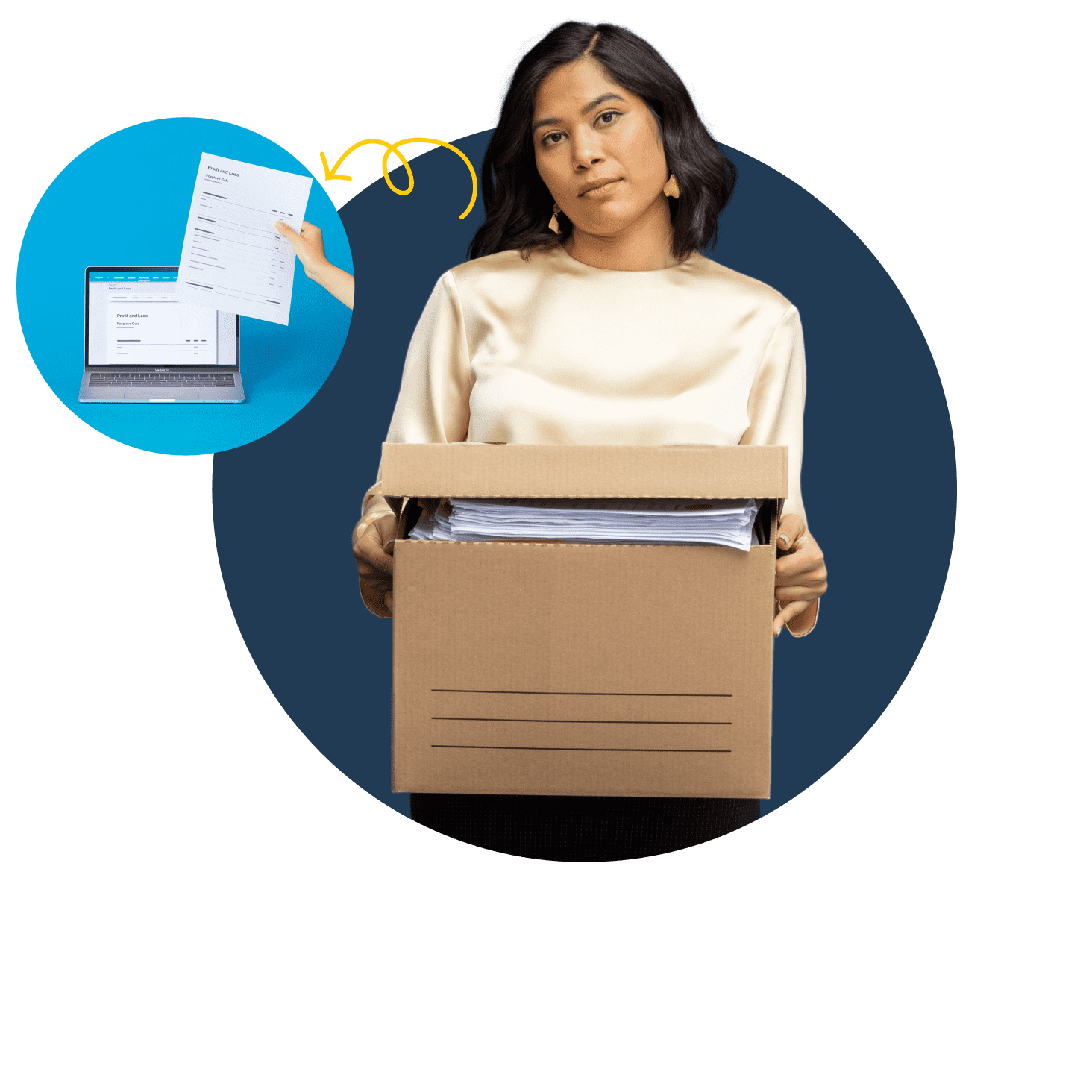 A small business owner holds a large box of papers while wishing she had digital info on a laptop.